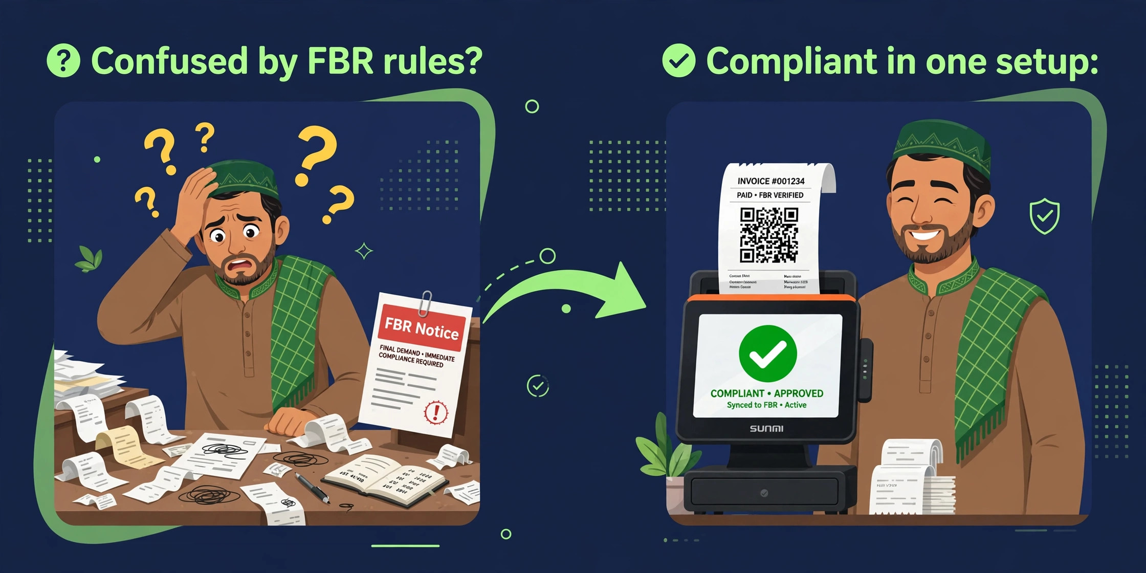 From confused by FBR rules to compliant in one setup: a restaurant owner goes from messy paper receipts and an FBR notice to a Sunmi POS printing QR-coded FBR-verified invoices